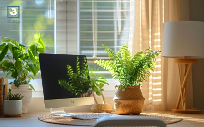 Office Room with computer &amp;amp; vases on the table 173