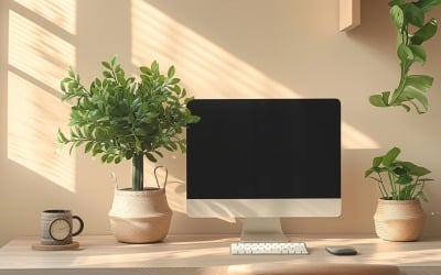 Office Room with computer &amp;amp; vases on the table 176