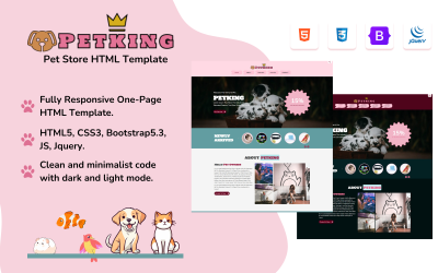 PETKING: Egyoldalas reszponzív HTML-webhelysablon kisállatkereskedések és -vállalkozások számára