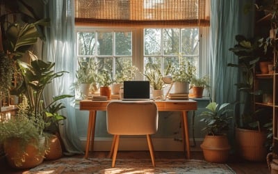 Home office room with chair &amp;amp; lamp computer on the tabl 257
