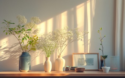 Vases &amp;amp; frame on the wooden table 229