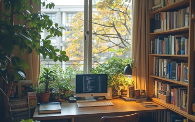 Home office room with Book closet &amp;amp; computer on the table 317