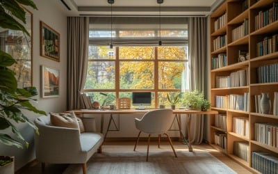 Home office room with Book closet &amp;amp; computer on the table 319