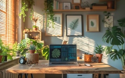 Home office room with Book closet &amp;amp; computer on the table 339