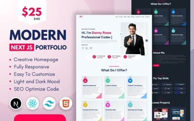Modern Portfolio React JS sablon – Következő JS, Tailwind CSS – Reszponzív HTML-sablon
