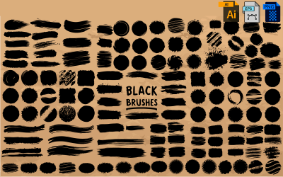 Coleção de pincéis pretos, traços de tinta, linhas, estilo grunge, conjunto.