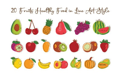 20 Fruits Healthy Food in Line Art Style