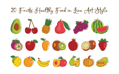 20 Frutas Alimentos Saudáveis em Estilo Line Art