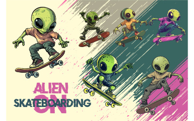 Alien andando de skate. Adesivo de camiseta.