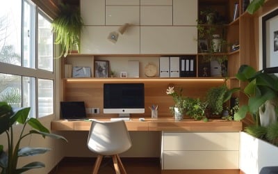 Home office room with Book closet &amp;amp; computer on the table 381