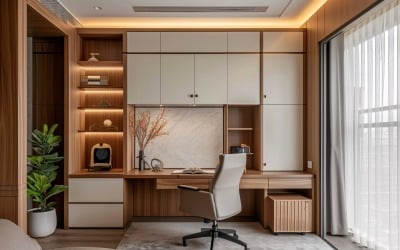 Home office room with Book closet &amp;amp; computer on the table 382