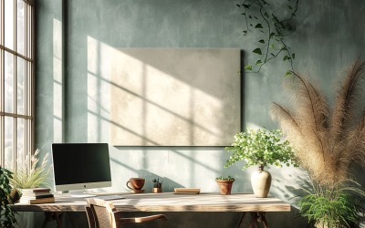 Hemrum Vaser och laptop Skrivbord Solljus från fönster 493