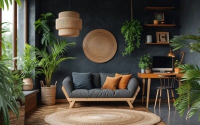Home office room with chair &amp;amp; sofa vases on the wooden ply 440