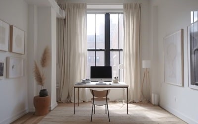 Home office room with computer on the table &amp;amp; back to cloth 500