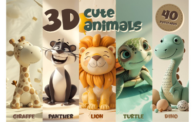 Söta 3d tecknade djur. Affischer. Vykort.