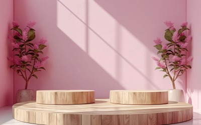 Podium för produktpresentation med lövväxter, rosa vägg 17