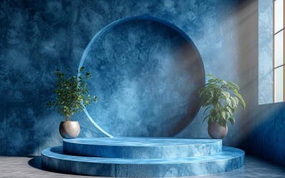 Podium for Product Presentation with Leaf Plants &amp;amp; Blue Wall 126