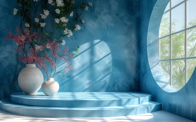 Podium for Product Presentation with Leaf Plants &amp;amp; Blue Wall 130