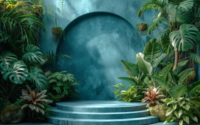 Podium for Product Presentation with Leaf Plants &amp;amp; Blue Wall 131