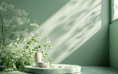 Podium för produktpresentation med bladväxter, grön vägg 104