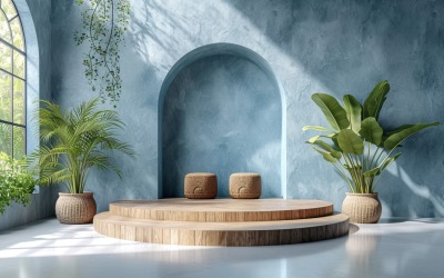 Podium för produktpresentation med bladväxter och blå vägg 274
