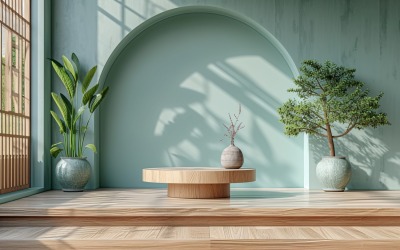 Träpodium för produktpresentation med lövväxter 240