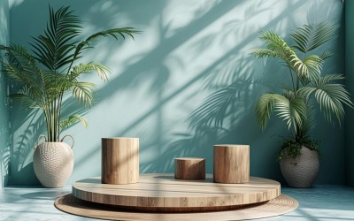 Träpodium för produktpresentation med lövväxter 266