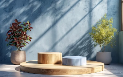 Träpodium för produktpresentation med lövväxter 286