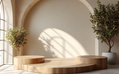 Träpodium för produktpresentation med lövväxter 300