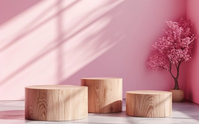 Podium för produktpresentation med lövväxter, rosa vägg 305