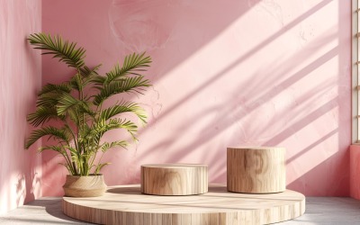 Podium för produktpresentation med lövväxter, rosa vägg 307