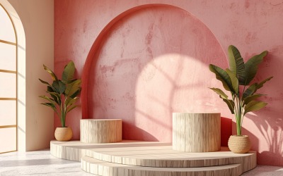 Podium för produktpresentation med lövväxter, rosa vägg 350
