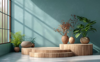 Träpodium för produktpresentation med lövväxter 341