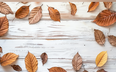 Festliga höstdekorlöv Vitt rustikt träbord. 44