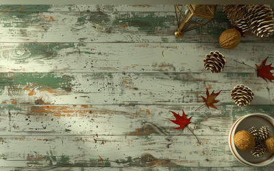 Festive autumn leaves &amp;amp; Pine Cone On Rustic Wooden Table. 199