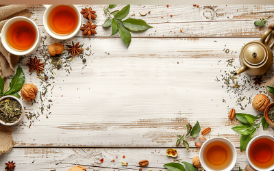 Hojas festivas de otoño y taza de té Mesa rústica de madera blanca 205