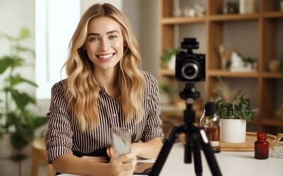 schöne lächelnde Bloggerin die ein Video macht