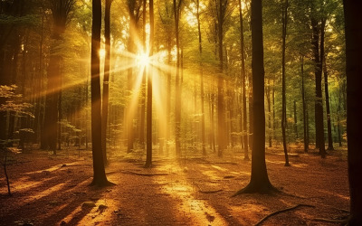 skog med strålande sol som skiner genom träden