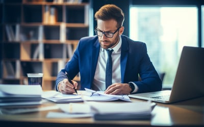 Serious and focused financier accountant on paper work inside office