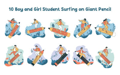 10 étudiants garçons et filles surfant sur un crayon géant