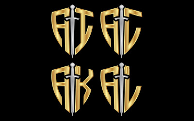 Zwaard en schildlogo gemaakt van de beginletters AI, AJ, AK, AL