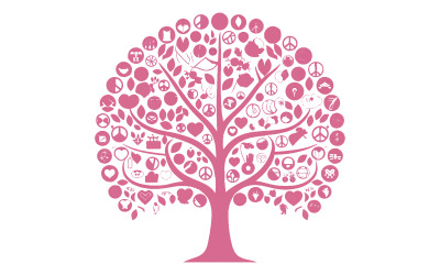 Ett mönster av ett träd med många grenar fyllda med rosa ikoner