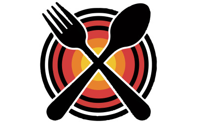 Um logotipo cativante e vibrante para uma marca de alimentos, apresentando um garfo e uma colher estilizados sobre um prato