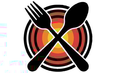 Un logotipo cautivador y vibrante para una marca de alimentos, que presenta un tenedor y una cuchara estilizados sobre un plato.