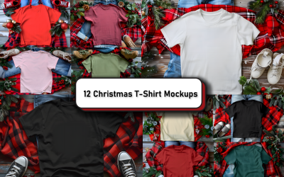 Christmas T-Shirt Mockup on Wooden Background