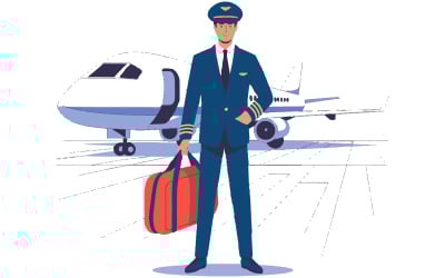 ilustracja przedstawiająca pilota w mundurze stojącego przed samolotem pasażerskim
