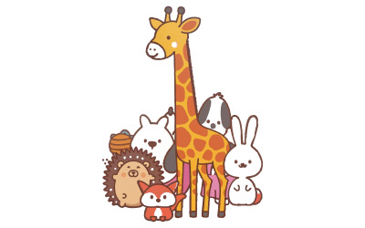 A  illustration of various cute animals in a giraffe-themed collection