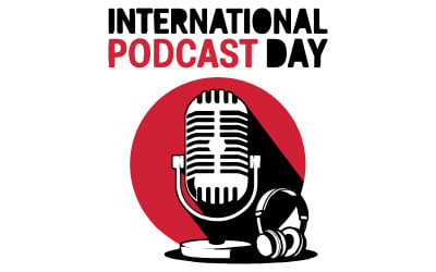 A vector art illustration of a white microphone with a red circle around