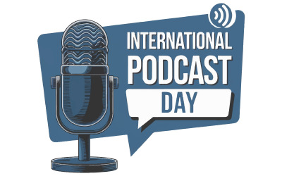 Egy fehér kör művészeti illusztrációja az International Podcast Day szöveggel