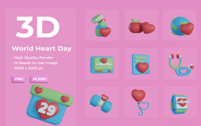 3D World Heart Icon Set Bundle Design